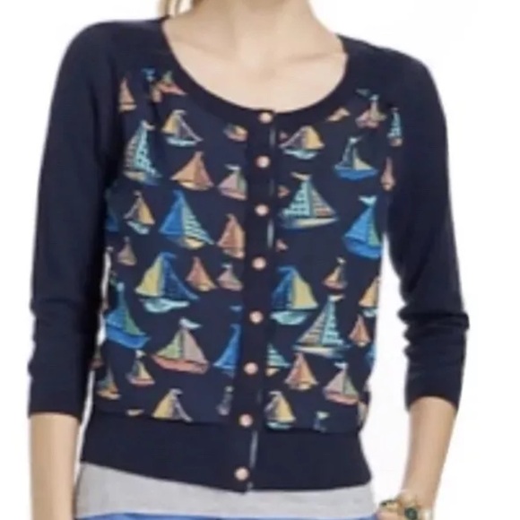 HWR Anthropologie Navy Blue Sailboat Nautical Cardigan Sweater Medium RARE HTF - Picture 1 of 9